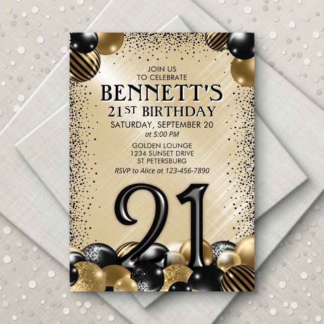 21st Balloons Black Gold Birthday Invitation (Creator Uploaded)