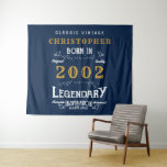21st Birthday 2002 Add Name Legend Blue Gold Retro Tapestry<br><div class="desc">Birthday Vintage design "Original Quality Legendary Inspiration" party wall tapestry for that special dad. Add the name and year as desired in the template fields creating a unique birthday celebration item. Team this up with the matching gifts,  party accessories,  and clothing available in our store www.zazzle.com/store/thecelebrationstore</div>