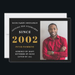 21st Birthday 2002 Name Photo Black Gold Invitation<br><div class="desc">For those celebrating their birthday we have the ideal birthday party invitation with the opportunity to add a photo. The black background with a white and gold typography design design is simple and yet elegant. Easily customise the text of this birthday gift using the template provided. Search in store for...</div>