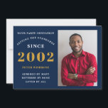 21st Birthday 2002 Name Photo Blue Gold Invitation<br><div class="desc">For those celebrating their birthday we have the ideal birthday party invitation with the opportunity to add a photo. The blue background with a white and gold typography design design is simple and yet elegant. Easily customise the text of this birthday gift using the template provided. Search in store for...</div>