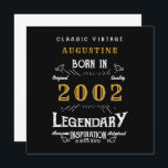 21st Birthday 2002 Retro Black Gold Greeting Card<br><div class="desc">Say Happy Birthday. Add your name,  year and message to this personalised birthday greeting card. A wonderful custom black birthday card with white and gold vintage style typography. More gifts and party supplies available with the "Legendary" design in the store.</div>