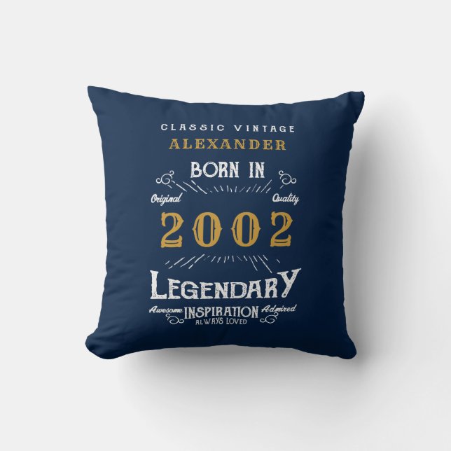 21st Birthday 2002 Retro Blue Gold Legendary Cushion (Front)