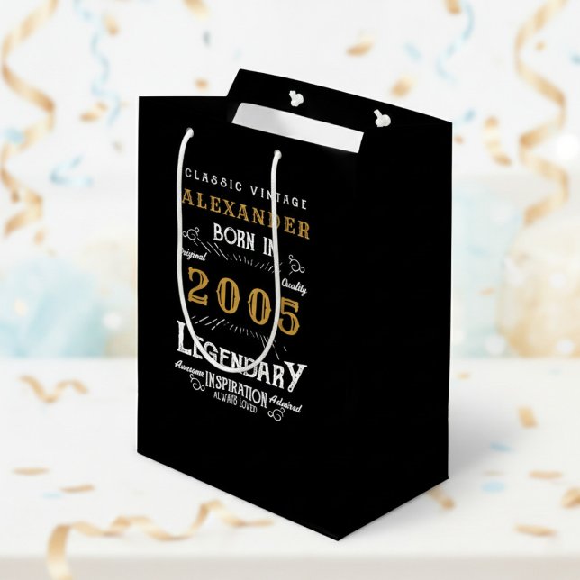 21st Birthday 2005 Add Name Legend Black Gold Medium Gift Bag (Born 2005 legendary birthday gift bag. Background out of focus.)