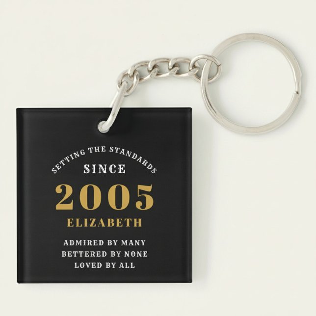 21st Birthday 2005 Black Gold Personalized Key Ring (Born 2005 birthday keychain. Pastel background.)