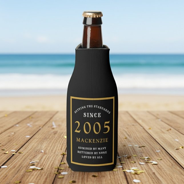 21st Birthday 2005 Name Elegant Chic Black Gold Bottle Cooler (Born 2005 bottle cooler. Beach background.)