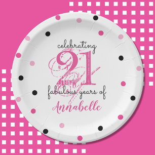 21st Birthday 21 fabulous years Add Name polka dot Paper Plate