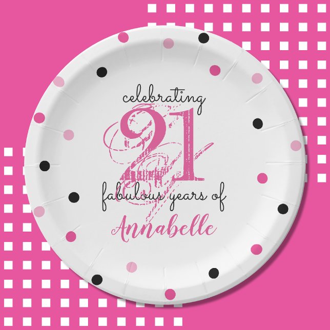 21st Birthday 21 fabulous years Add Name polka dot Paper Plate (Depiction of Front of Paper Plate)