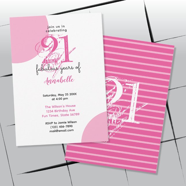 21st Birthday 21 fabulous years PINK typography Invitation (Front and Back Display of Invitation)