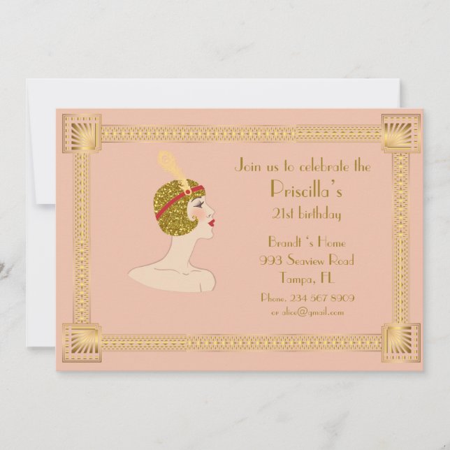 21st,Birthday 21st,Gatsby style,pink peach & gold Invitation (Front)