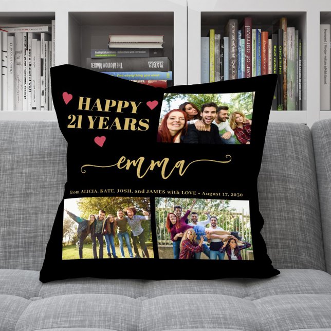 21st birthday 3 photo collage name script modern cushion (Creator Uploaded)