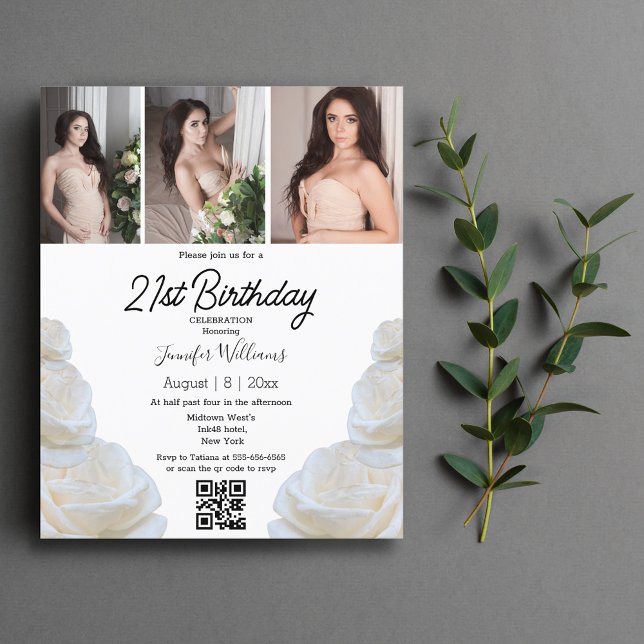 21st birthday 3 photos qr code floral invitation  (Creator Uploaded)