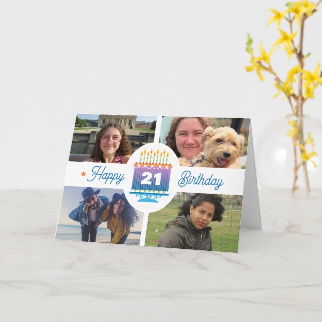 21st Birthday 4 Custom Photos Colourful Cake Candl Card (Yellow Flower)