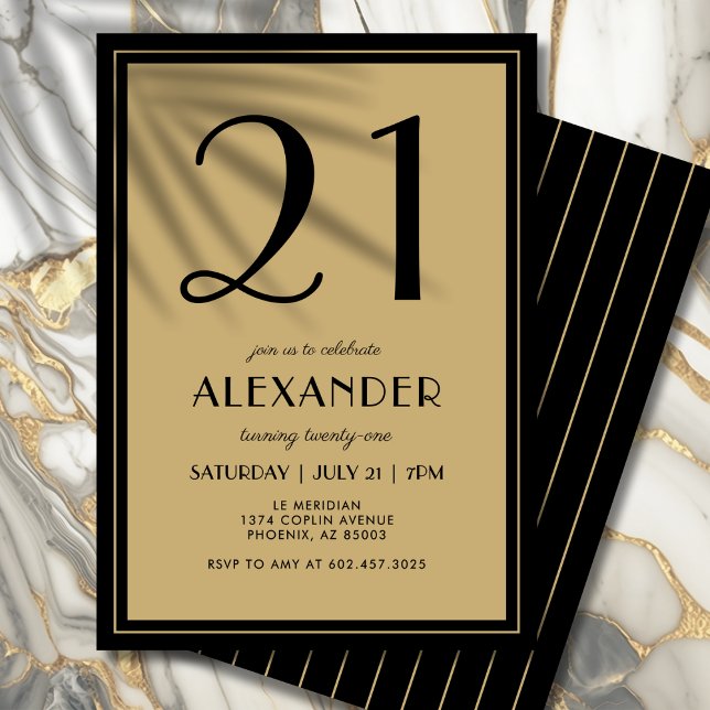 21st Birthday Adult Black and Gold Modern Minimal  Invitation (Celebrate your 21st in bold, sophisticated style with this chic design.)