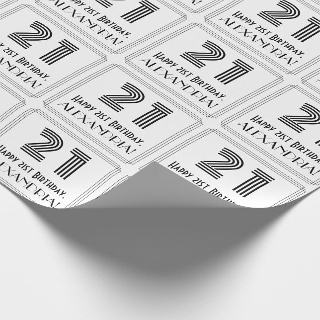 21st Birthday: Art Deco Inspired Style "21" + Name Wrapping Paper (Corner)