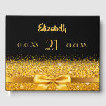 21st birthday balck gold classic elegant name guest book<br><div class="desc">Elegant,  classic,  glamourous and feminine.  A gold coloured ribbon with a bow with golden glitter and sparkle,  a bit of bling and luxury. A guestbook for a 21st birthday party. Black background. Templates for name,  age 21,  date of birth and anniversary date. Spine: add name and date.</div>