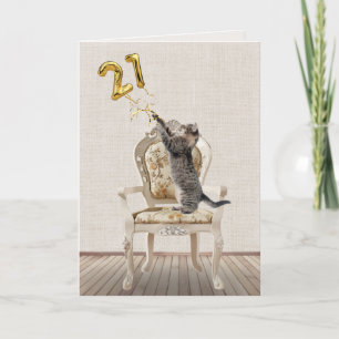 21st Birthday Balloons and Tabby Cat Card