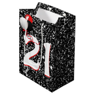 21st Birthday Balloons on Black Glitter Medium Gift Bag
