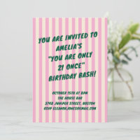 21st Birthday Bash Pink Green Retro Stripes Party
