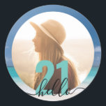 21st Birthday Beach Photo Personalised Classic Round Sticker<br><div class="desc">21st Birthday Party Sticker with "Hello 21" quote,  personalised photo,  and beach background for invitation envelope seals and party favour packaging. Edit the colours and fonts by clicking 'customise further' and upload the party girl's photo to create a unique customised label to brand your party.</div>