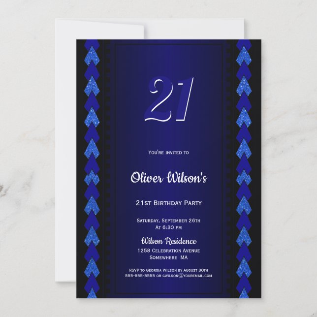 21st Birthday Black and Blue Party Invitation (Front)