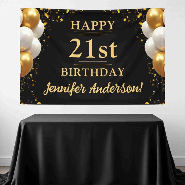 21st Birthday Black and Gold Celebration Banner (Creator Uploaded)
