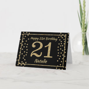 21st Birthday Black and Gold Glitter Confetti Card