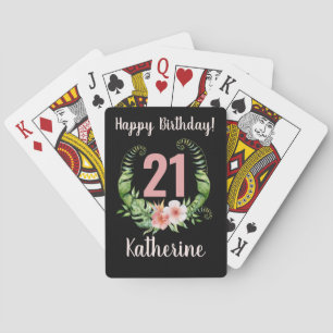 21st birthday black floral  playing cards