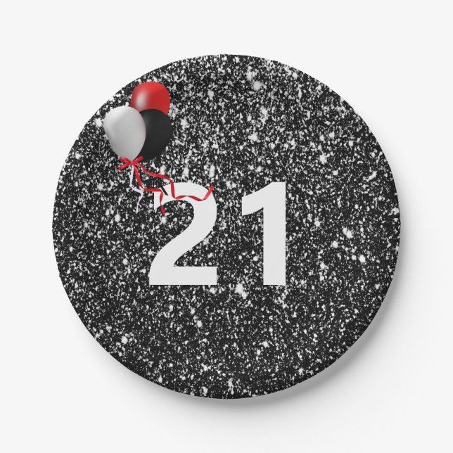 21st Birthday Black Glitter and Balloons Paper Plate (Front)