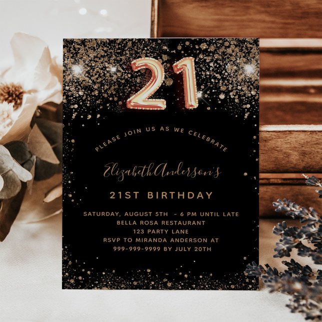 21st birthday black gold glitter budget invitation flyer (Creator Uploaded)