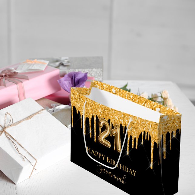 21st birthday black gold glitter drips name large gift bag (Creator Uploaded)