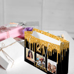 21st birthday black gold glitter drips photo large gift bag<br><div class="desc">A black background with faux gold glitter drips,  paint dripping look. Personalise and add 3 photos and a name.  Number 21 is written with a balloon style font. Perfect as a party favour bag or as a gift  bag.</div>