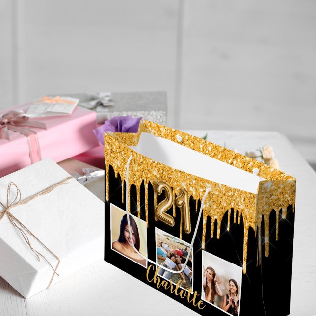 21st birthday black gold glitter drips photo large gift bag (Creator Uploaded)