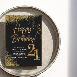 21st Birthday Black & Gold Glitter Modern  Invitation
