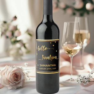 21st birthday black gold hello 21 name script wine label