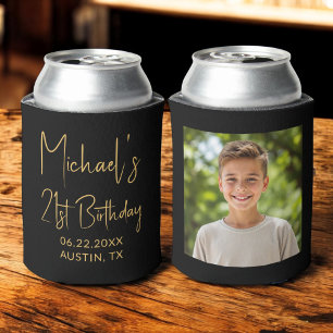 21st Birthday Black Gold Instagram Photo Can Cooler