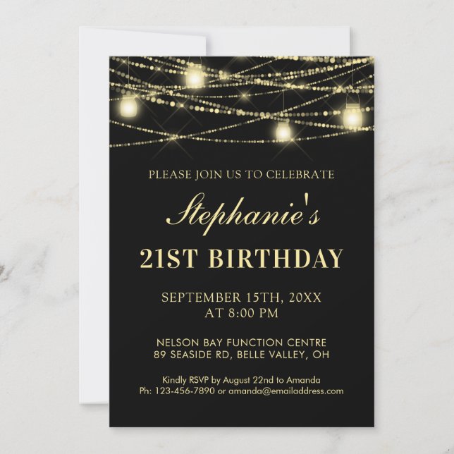 21st Birthday Black Gold Lights Mason Jar Party Invitation (Front)