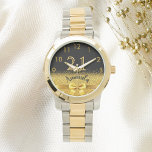 21st birthday black gold monogram watch<br><div class="desc">Elegant, classic, glamourous and feminine. A faux gold coloured bow and ribbon, a bit of bling and luxury for a birthday gift or keepsake. Black background. Templates for her name, and the age 21. The name is written with a modern hand lettered style script. Golden coloured numbers from 9 to...</div>