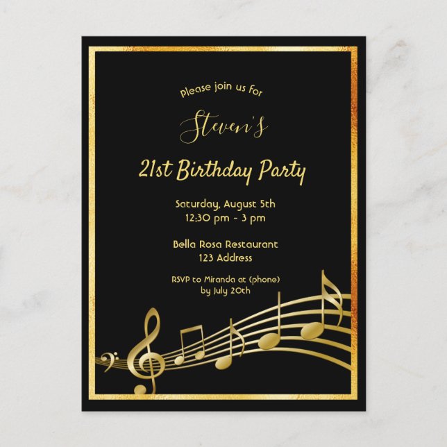 21st birthday black gold music notes invitation postcard (Front)