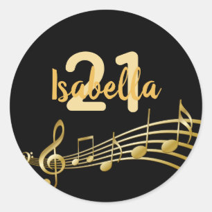 21st birthday black gold music notes name classic round sticker