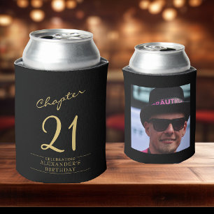 21st Birthday Black Gold Photo Template Can Cooler