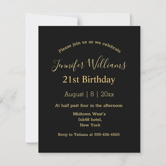 21st birthday black gold script minimal invitation (Front)
