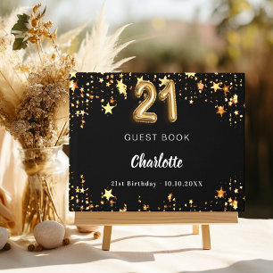 21st Birthday black gold stars Guest Book