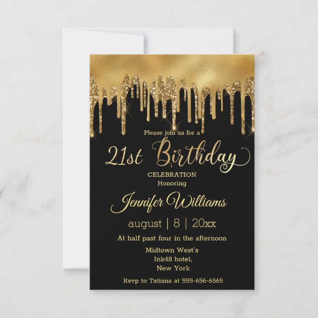 21st birthday black golden dripping glitters chic invitation (Front)