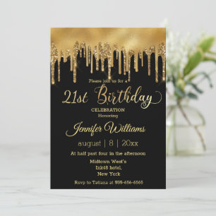 21st birthday black golden dripping glitters chic invitation