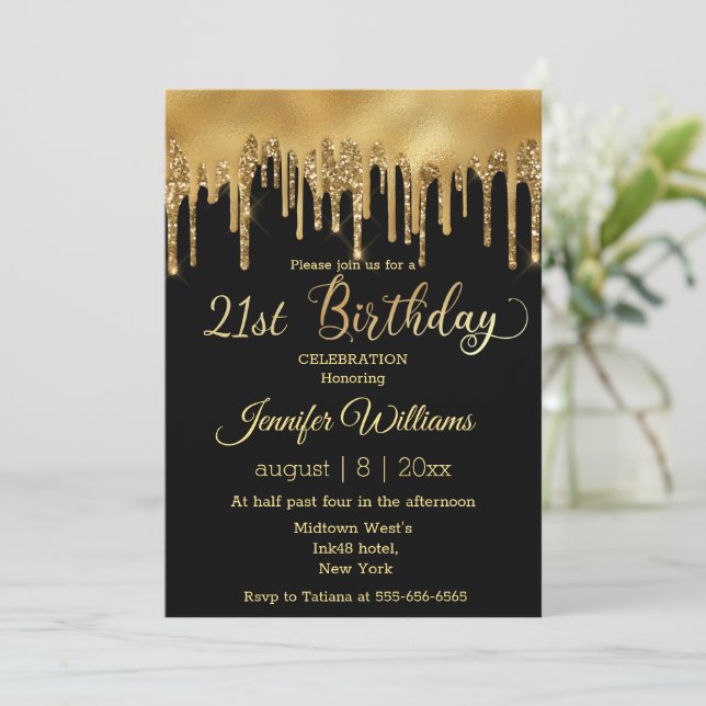 21st birthday black golden dripping glitters chic invitation (Standing Front)