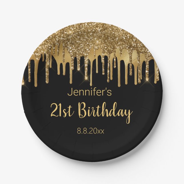 21st birthday black golden dripping glitters  paper plate (Front)