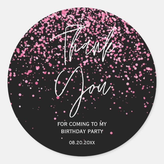 21st Birthday Black Hot Pink Glitter Thank You Classic Round Sticker (Front)