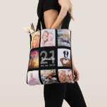 21st birthday black photo collage name tote bag<br><div class="desc">A unique gift for a young woman's 21st birthday, celebrating her life with a collage of 8 of your own photos, pictures. Personalise and add her name, age 21 and a date. A chic black background. Grey and white letters and numbers. The name is written with a modern hand lettered...</div>