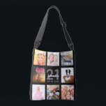 21st birthday black photo collage woman crossbody bag<br><div class="desc">A unique gift for a young woman's 21st birthday, celebrating her life with a collage of 8 of your own photos, pictures. Personalise and add her name, age 21 and a date. A chic black background. Grey and white letters and numbers. The name is written with a modern hand lettered...</div>