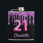 21st birthday black purple glitter monogram hip flask<br><div class="desc">A gift from friends for a girly and glamourous 21st birthday girl. A classic black background with purple faux glitter drips, paint dripping look. Personalise and add a name.The text: The name is written in violet with a modern hand lettered style script. Age 21 is written with a trendy balloon...</div>